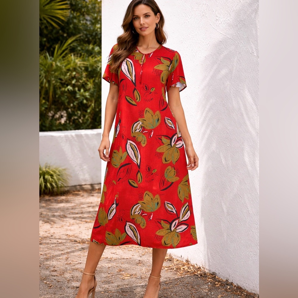 Woolworths Vibrant Red Floral Hawaiian maxi Dress 100% viscose Sz 22